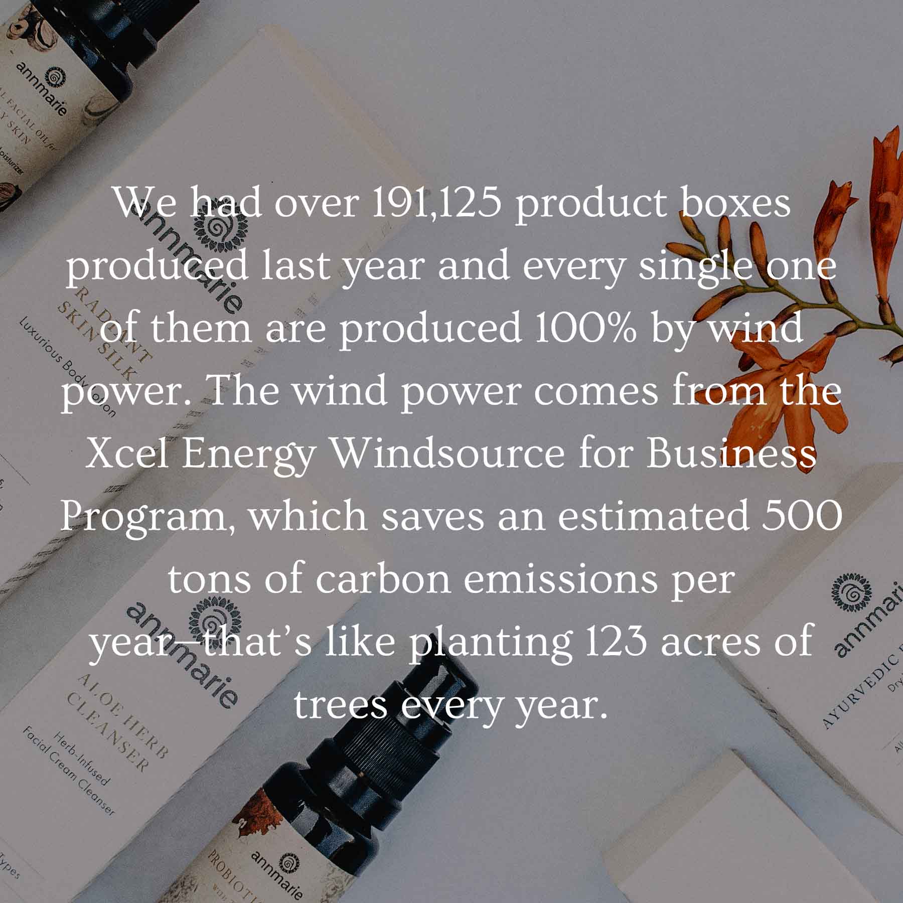 We had over 191,125 product boxes produced last year and every single one of them are produced 100% by wind power. The wind power comes from the Xcel Energy Windsource for Business Program, which saves an estimated 500 tons of carbon emissions per year—that’s like planting 123 acres of trees every year.