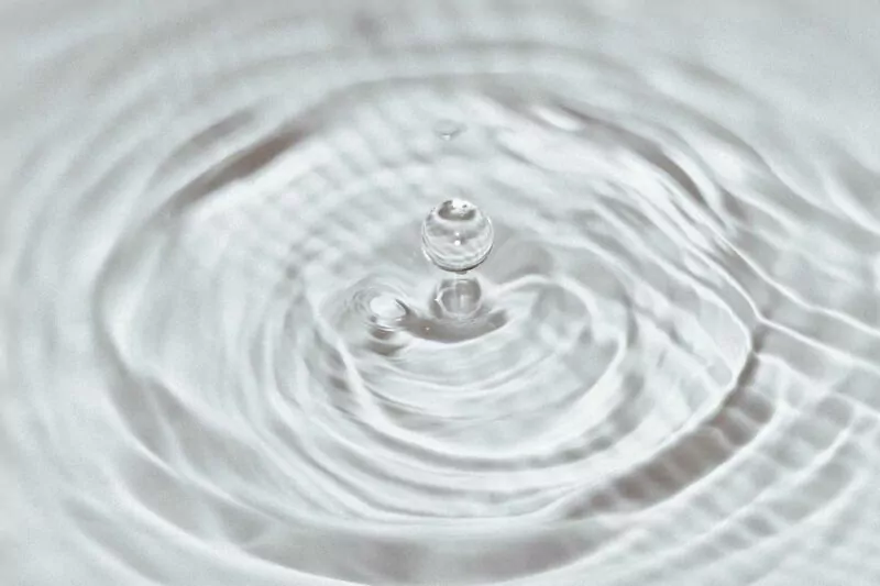 A monochromatic image capturing the moment a water droplet creates ripples on a serene water surface.