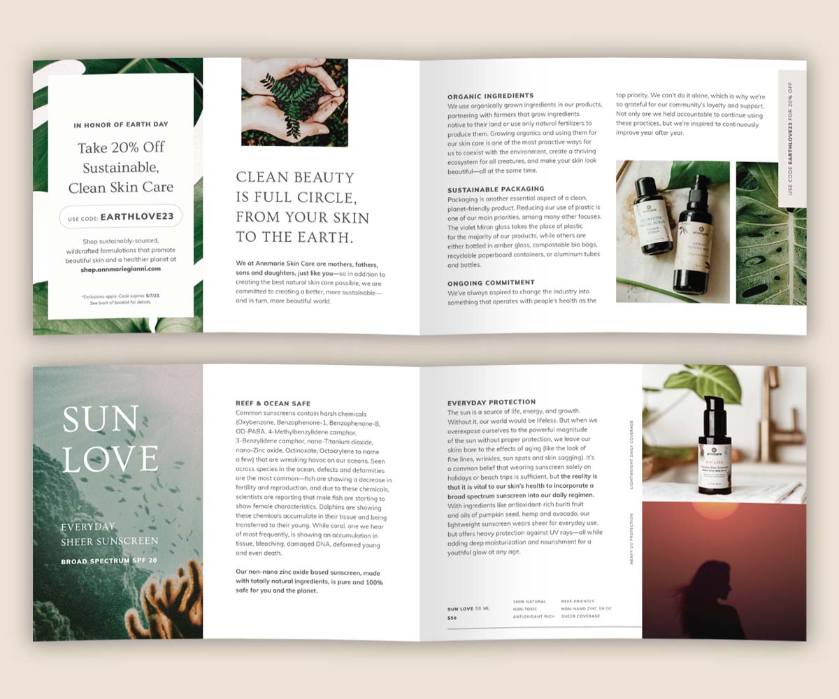 Spreads from Sun Love feature in our Earth Day direct mail booklet