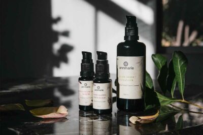 Annmarie skincare products on a dark surface, featuring Citrus Stem Cell Serum, Anti-Aging Eye Cream, and Aloe Herb Cleanser next to fresh green leaves.