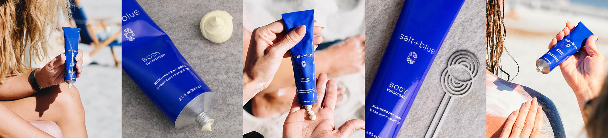 Collage of salt+blue BODY Sunscreen. Woman applying sunscreen. Blue tube with squeezed dollop. Hand squeezing product. Blue tube with stainless steel tube key. Woman applying sunscreen onto friend's back.