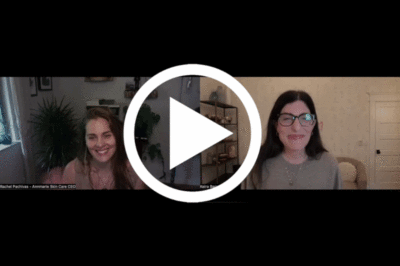 Still image of Dermatologist Keira Barr talking with Rachel Pachivas and a white play button on top.