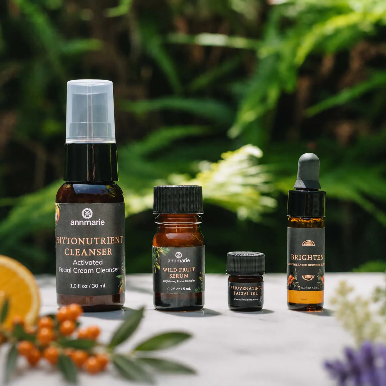 Activated Beauty Trial against a blurry natural background with sea buckthorn berry ingredient out of focus in the foreground