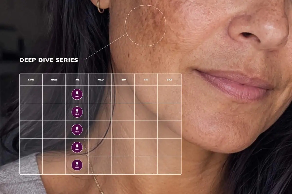 Deep dive series - transparent calendar graphic overlaid on top of a close up of woman's face