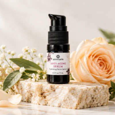Anti-Aging Serum on a stone pedestal with a rose in the background